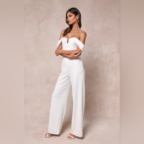 Lulus Gorgeous Fantasy White Mesh Ruched Off-the-Shoulder Jumpsuit XS Wedding - Picture 3 of 11